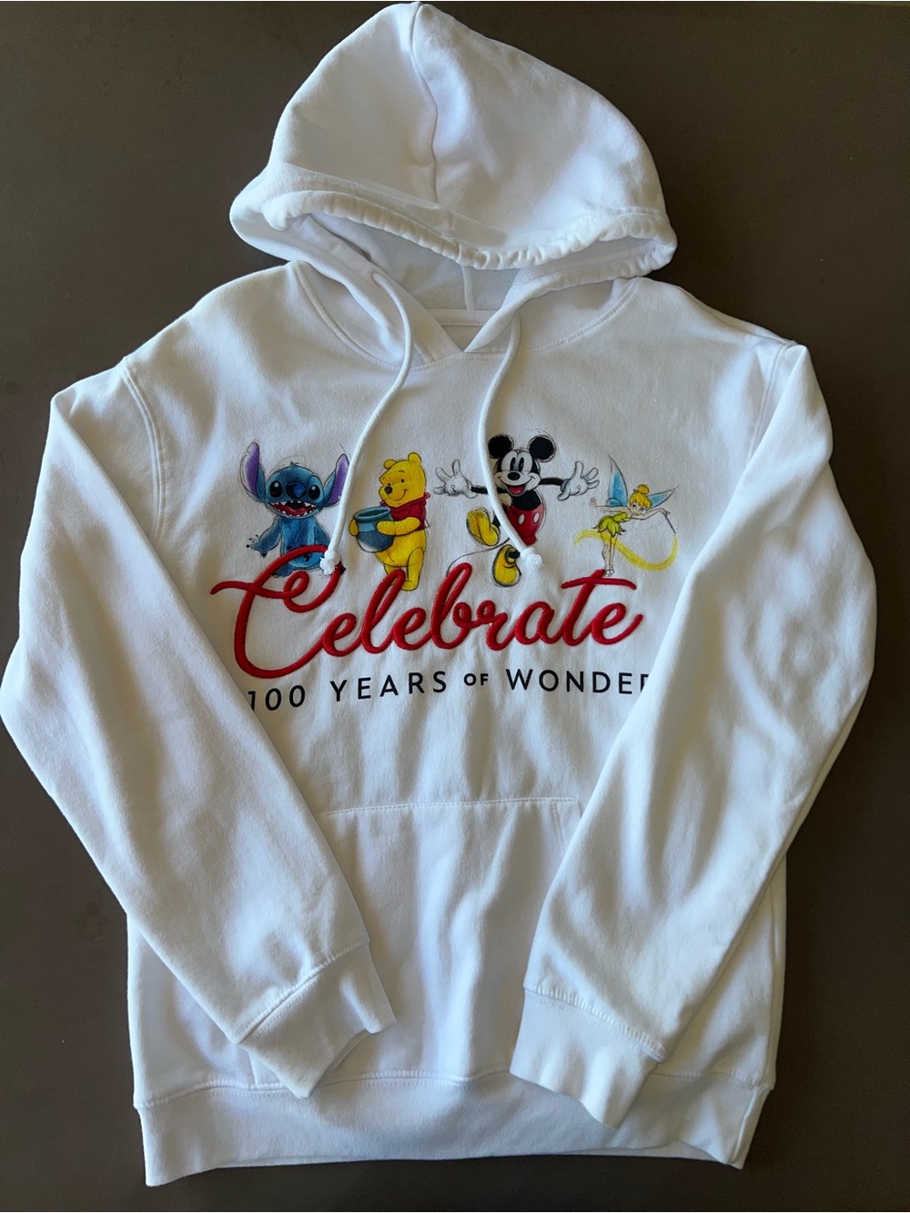 Disney White Hoodie with Multicolor Character Graphic and Red Script